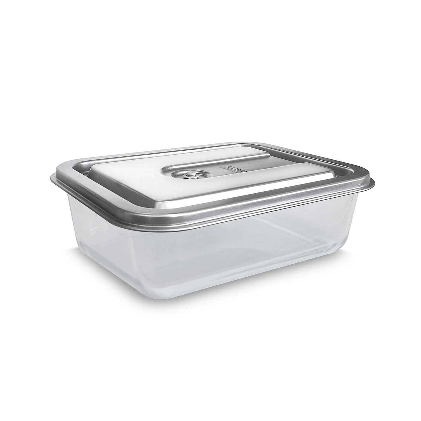 Clear rectangular storage container with metal rim and lid