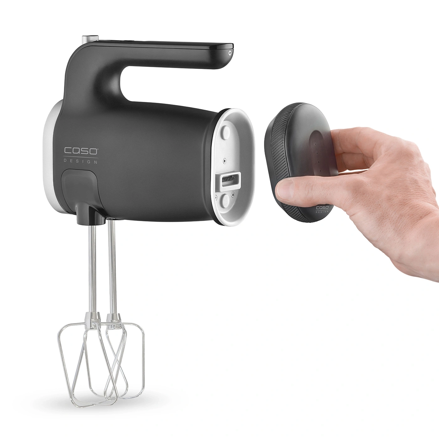 Hand mixer with detachable part held by a hand, black and silver design