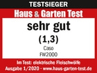 Récompense de test pour Caso FW2000: très bon, Haus & Garten Test, numéro 1/2020, hachoirs à viande électriques