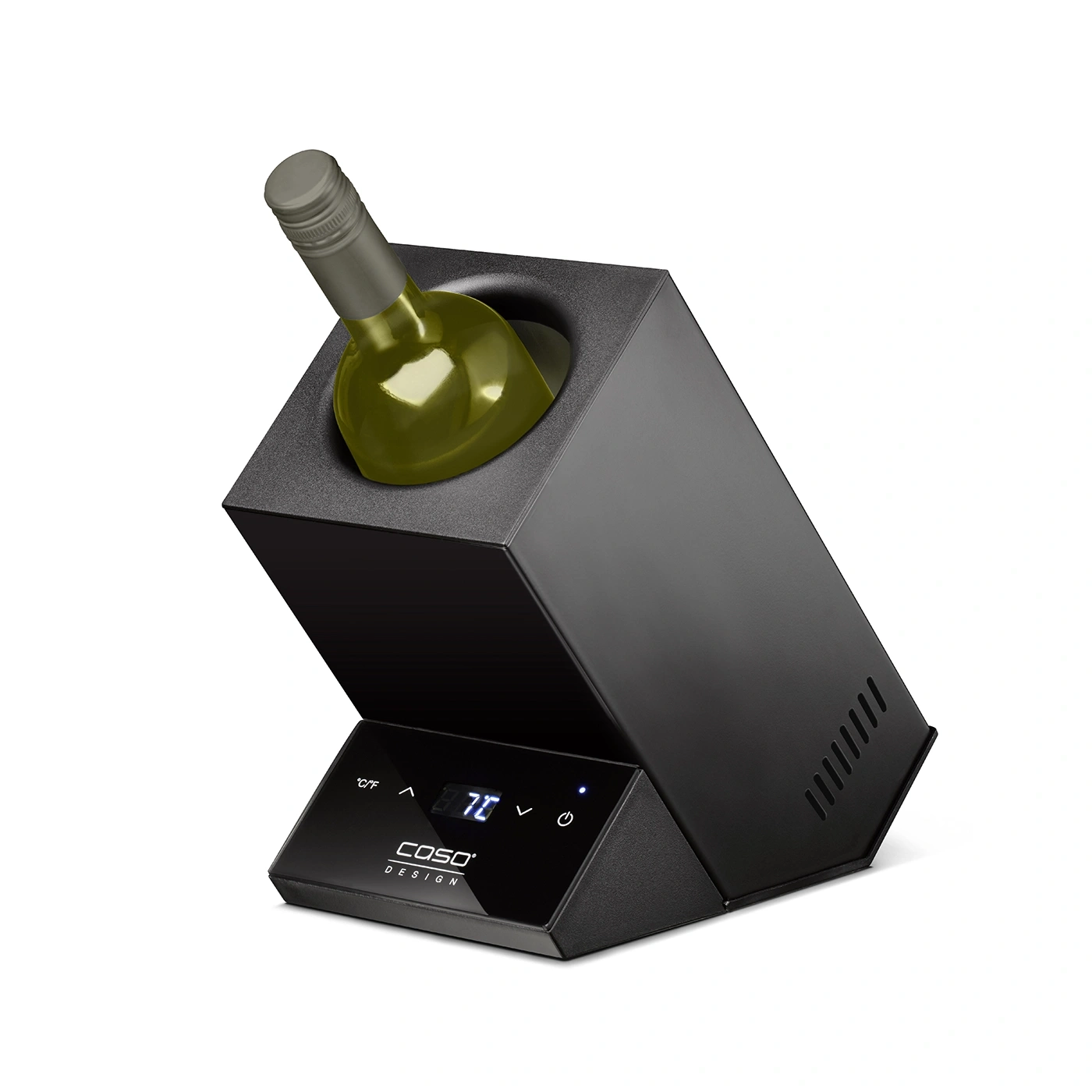 Ein schwarzer Flaschenkühlhalter mit digitaler Temperaturanzeige und einer grünen Weinflasche.
