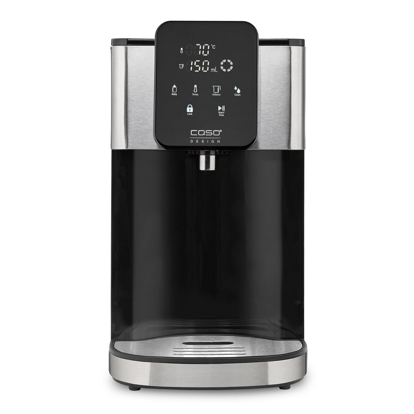 Water boiler with digital display, adjustable temperature and volume, black and silver design