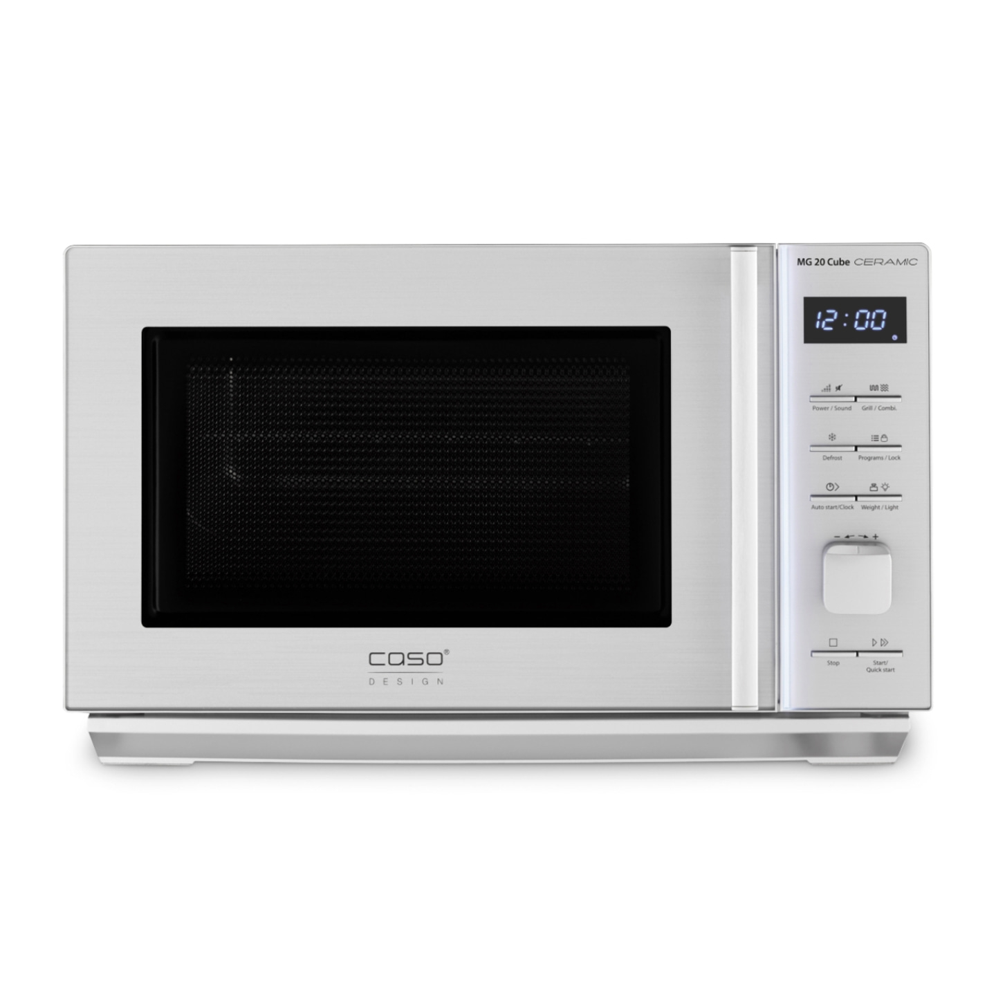 Silver Caso MG 20 Cube microwave with control panel and display, design appliance