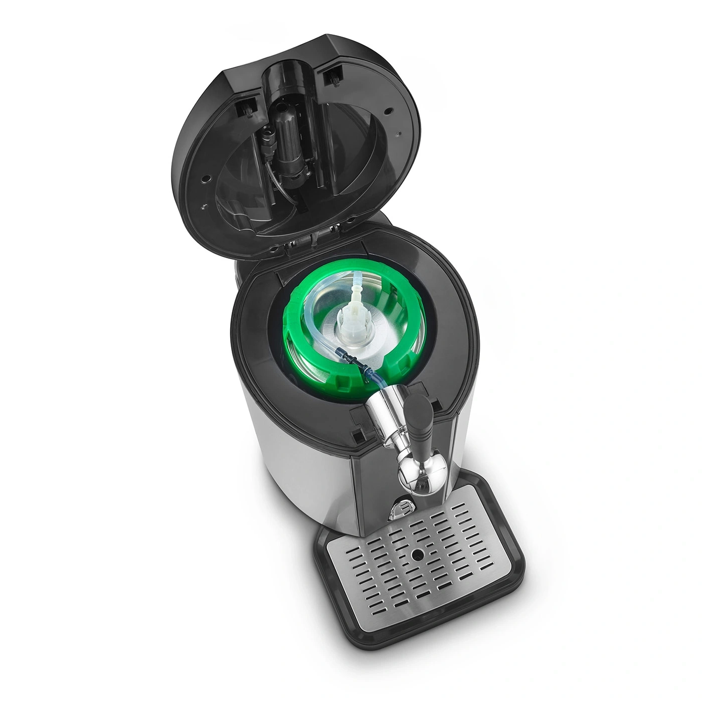 Beer cooler with open lid, green ring, and tap, ready to pour a cold beer.