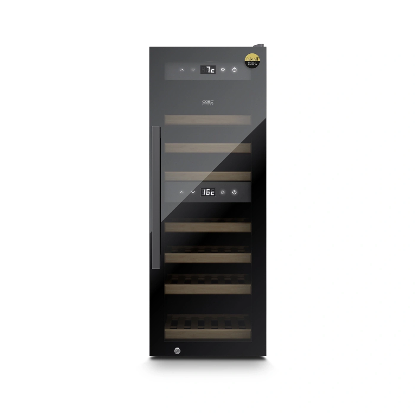 Ein schwarzer Weinkühlschrank mit Glastür und Holzböden.