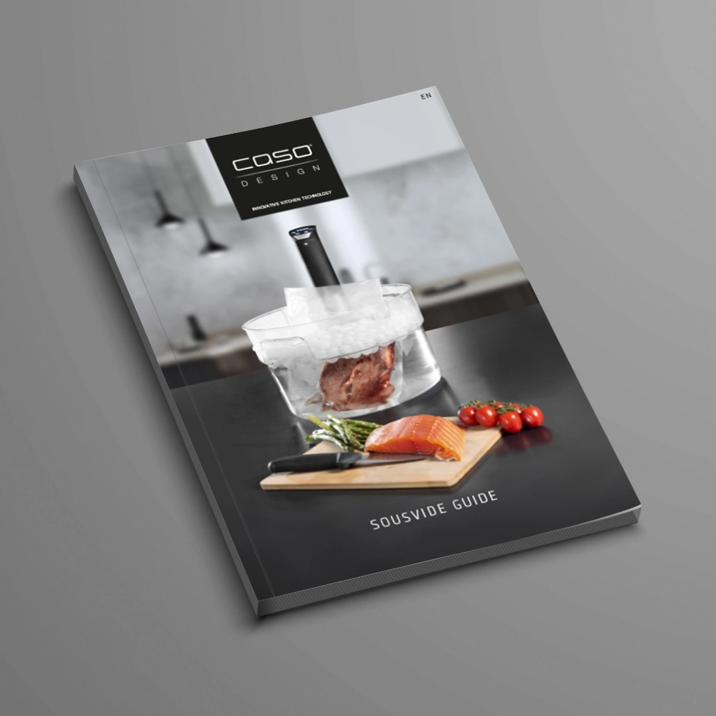 Sous vide guide cover with food and Caso Design logo on a gray background.