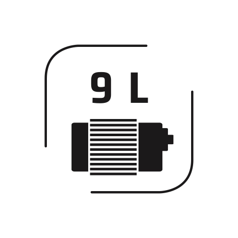 Symbole de batterie 9L, fond noir, coins arrondis, indicateur d'énergie, capacité