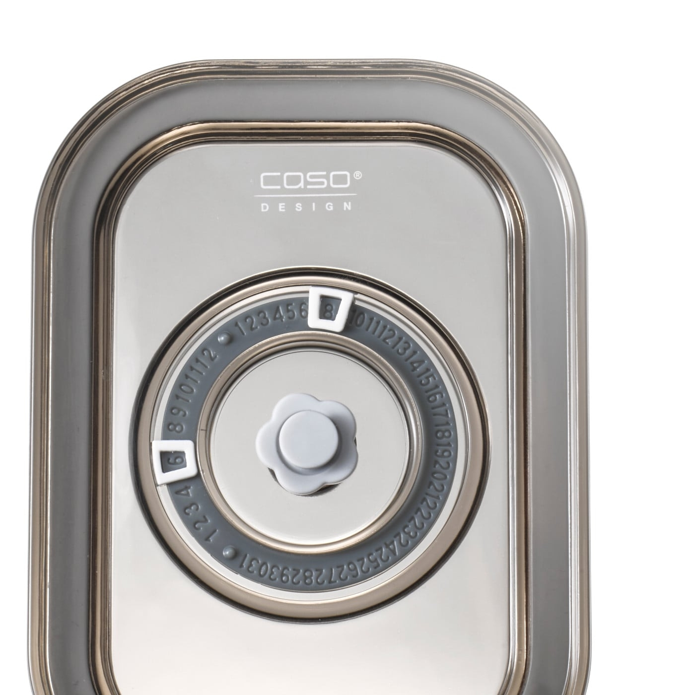 Close-up of a silver container with a dial and numbers. Caso Design logo visible.