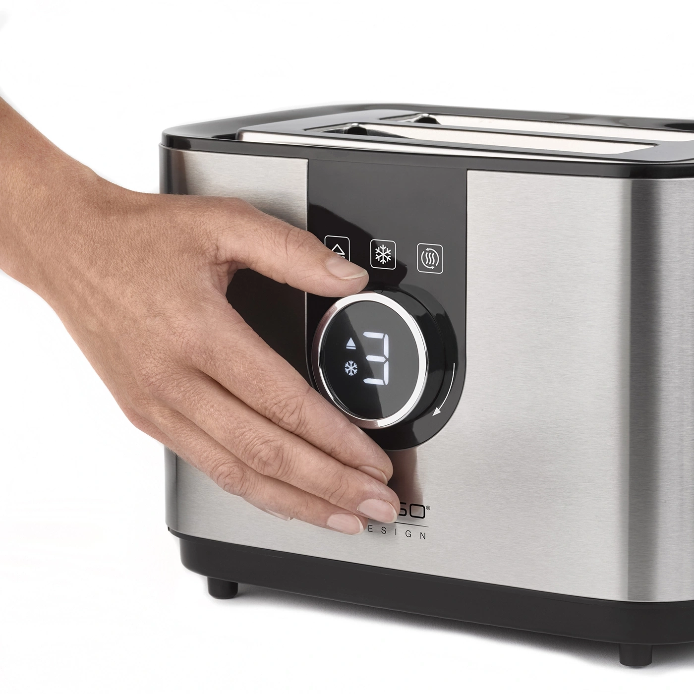 Hand turning toaster dial. Toaster with digital display and symbols. Stainless steel design.
