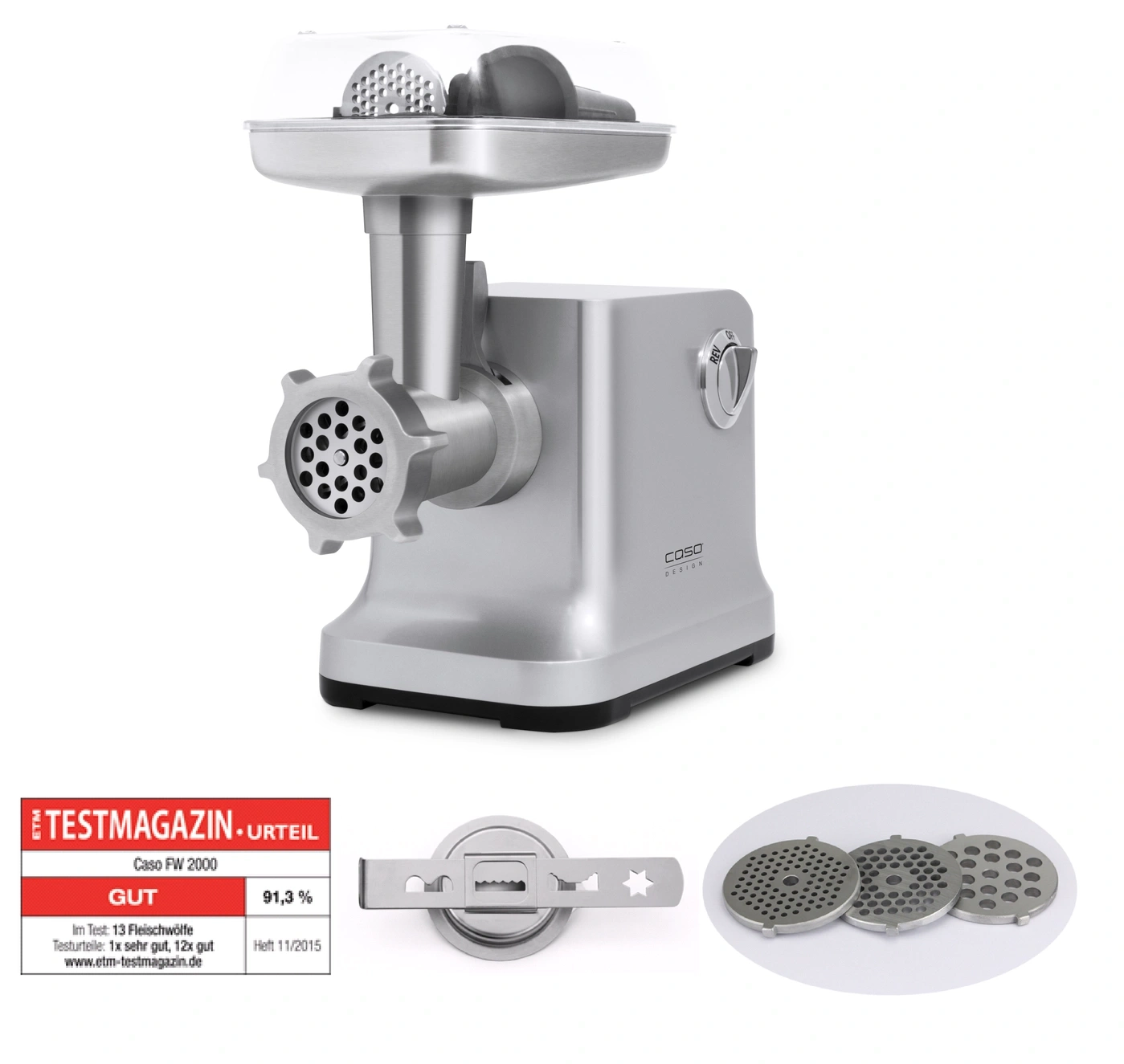Hachoir à viande Caso FW 2000, argenté, avec accessoires et résultat du test TESTMAGAZIN