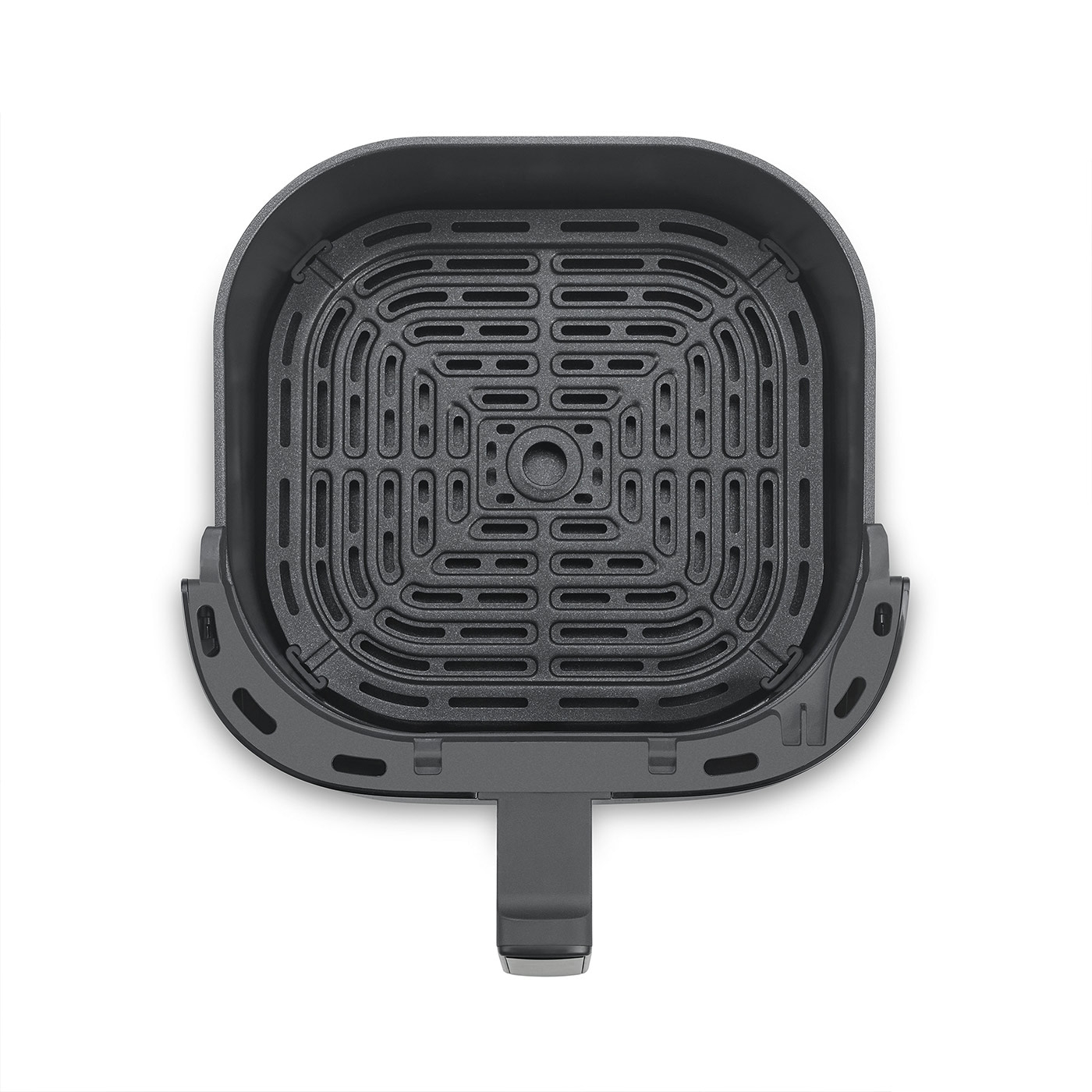 Draufsicht auf einen schwarzen Airfryer-Korb mit Lochmuster und Griff.