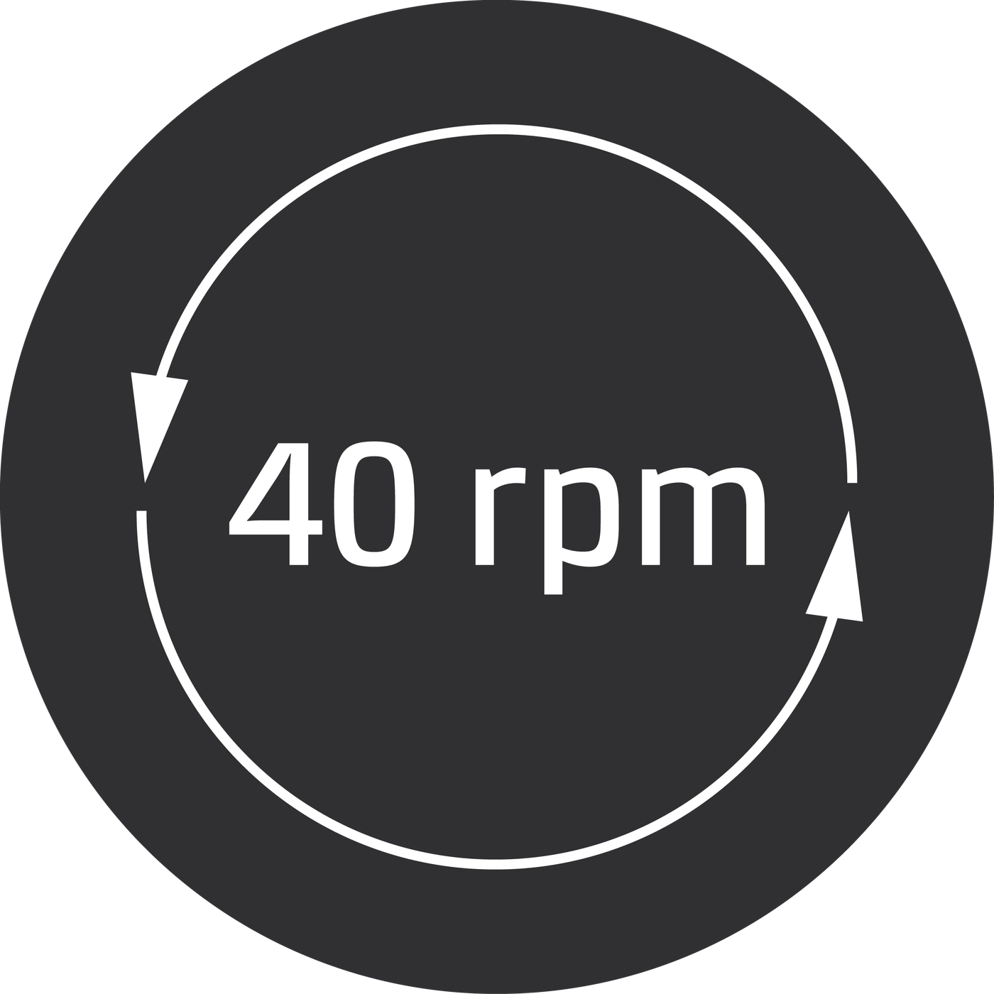 Circular symbol with arrow and text '40 rpm' on a dark background, indicating rotation.