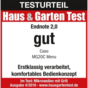 Résultat du test Haus & Garten Test, note 2,0, bon, Caso MG20C Menu, traitement excellent