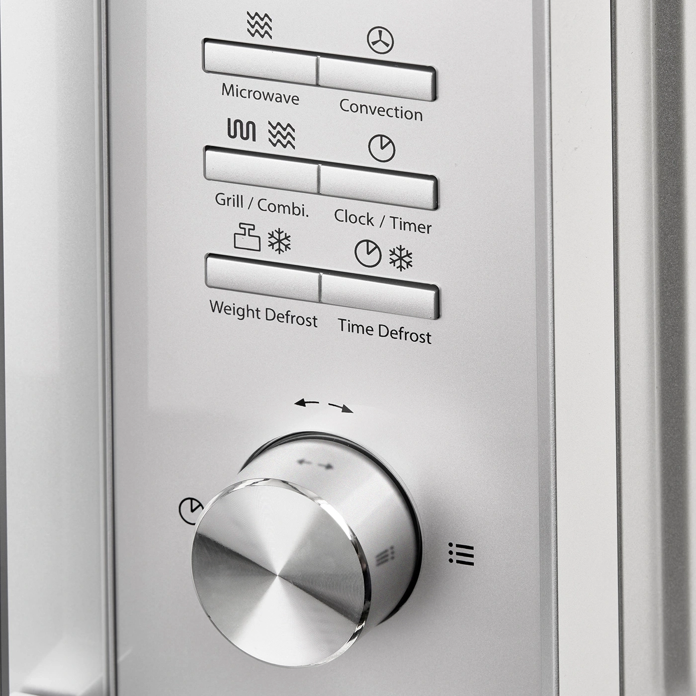 Microwave control panel with knob for functions like microwave, grill, and defrost.