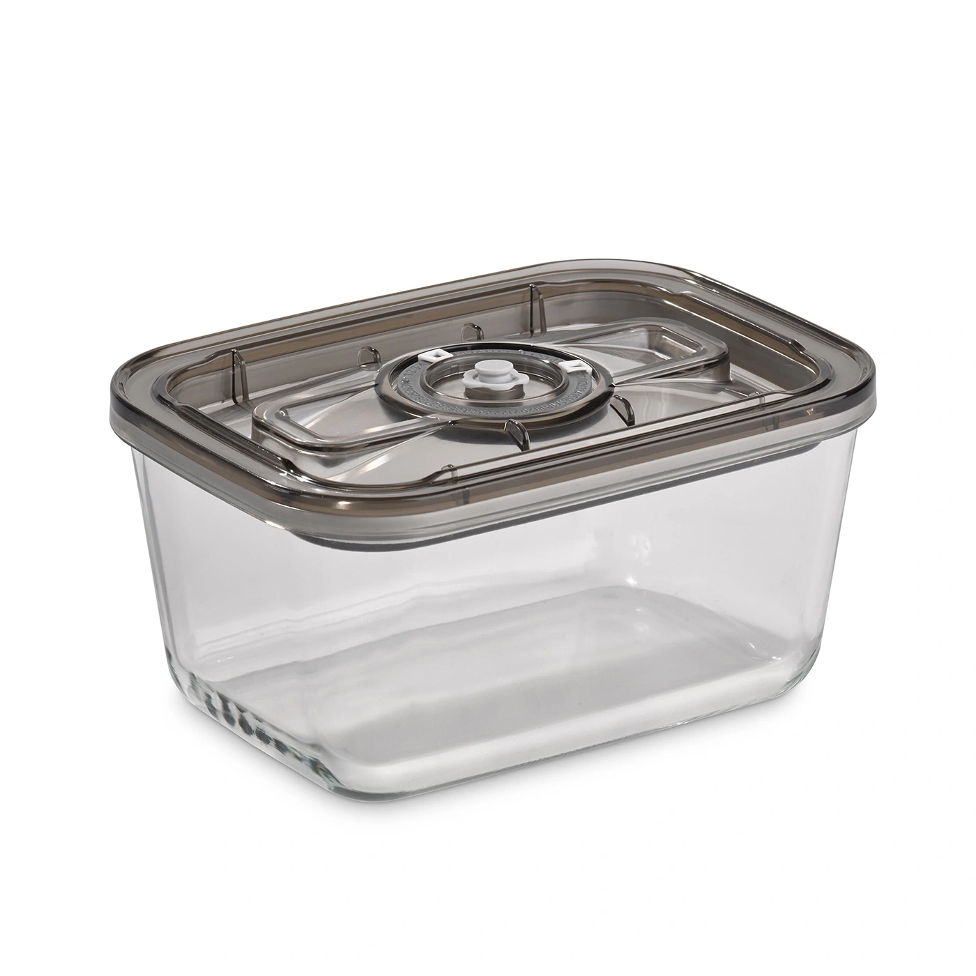Récipient rectangulaire transparent avec couvercle gris et mécanisme de scellage sous vide.