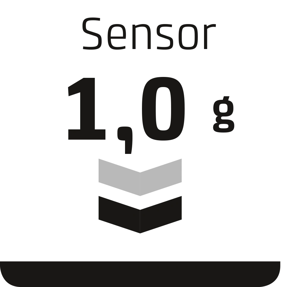 Sensor mit 1,0 g. Pfeil-Symbol. Schwarzer Balken unten. Weißer Hintergrund.