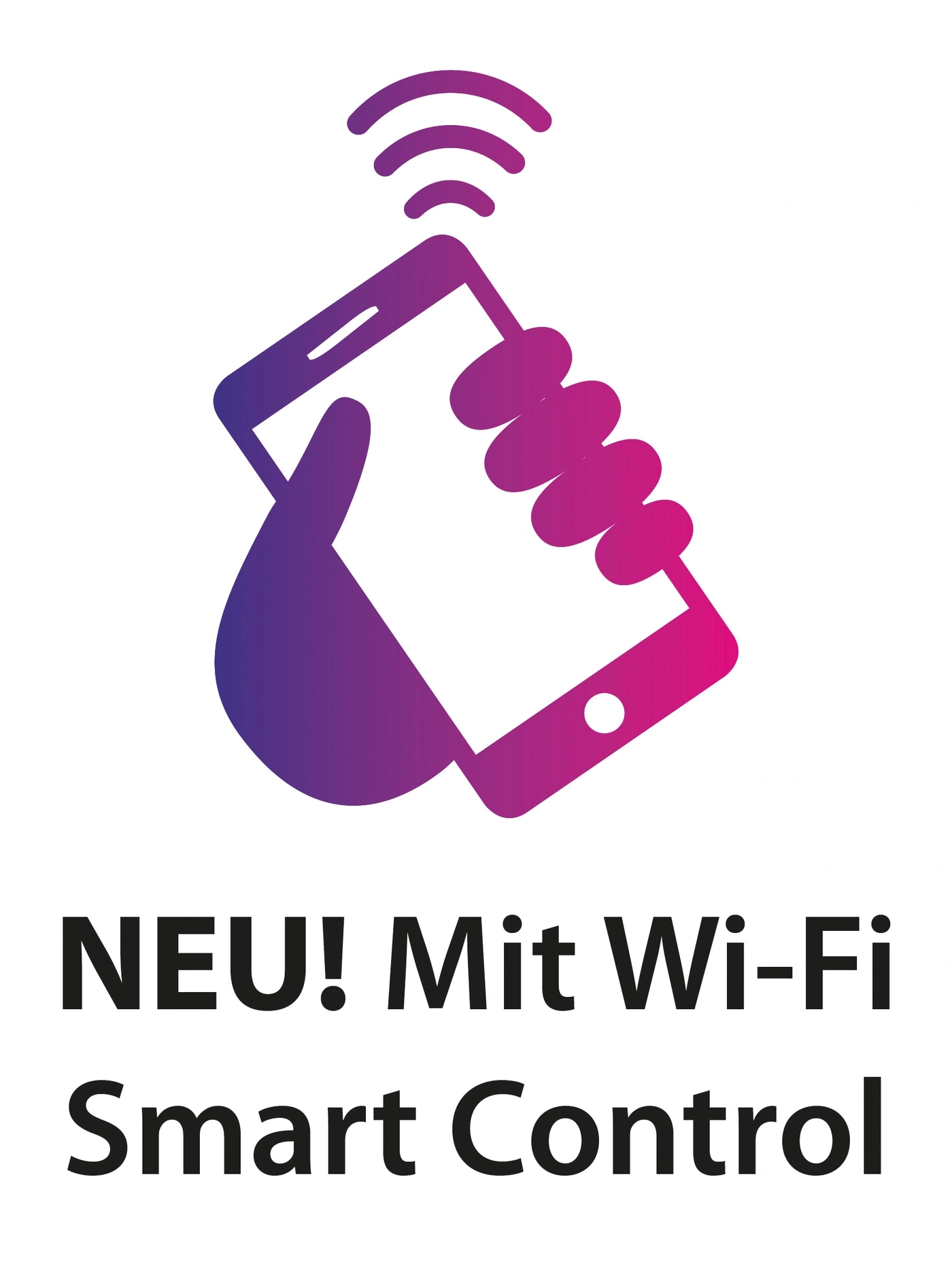 Logo mit Smartphone, WLAN-Symbol und Text: NEU! Mit Wi-Fi Smart Control