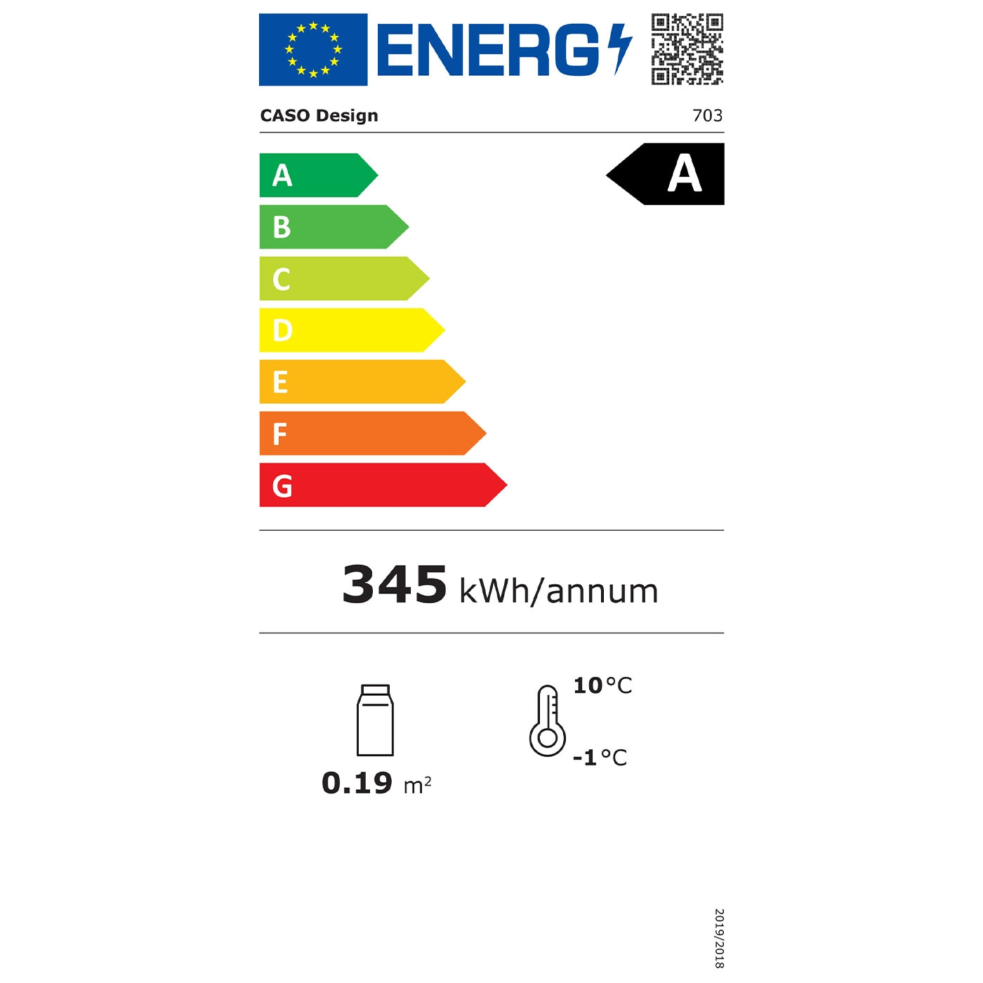 Étiquette énergétique Caso Design, classe A, 345 kWh/an, 0,19 m², 10°C à -1°C