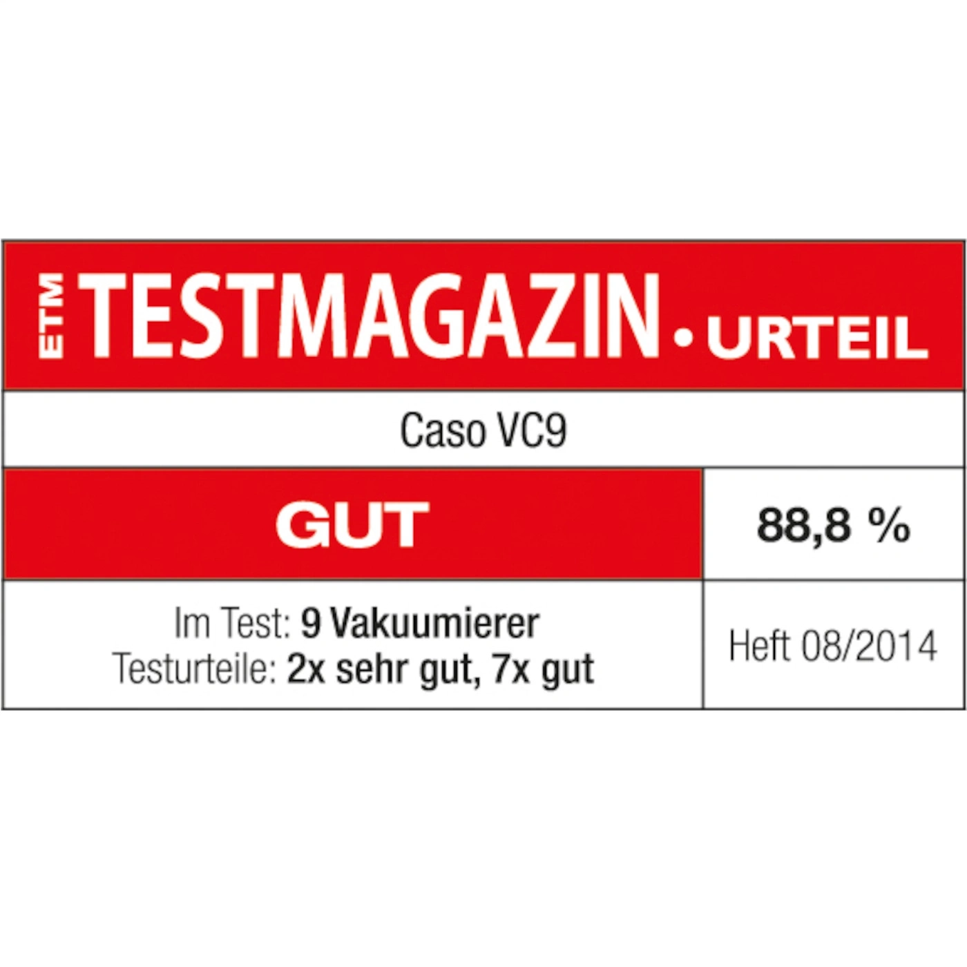 Verdict du magazine de test : Caso VC9, note BON, 88,8 %, numéro 08/2014, test de scelleuse sous vide