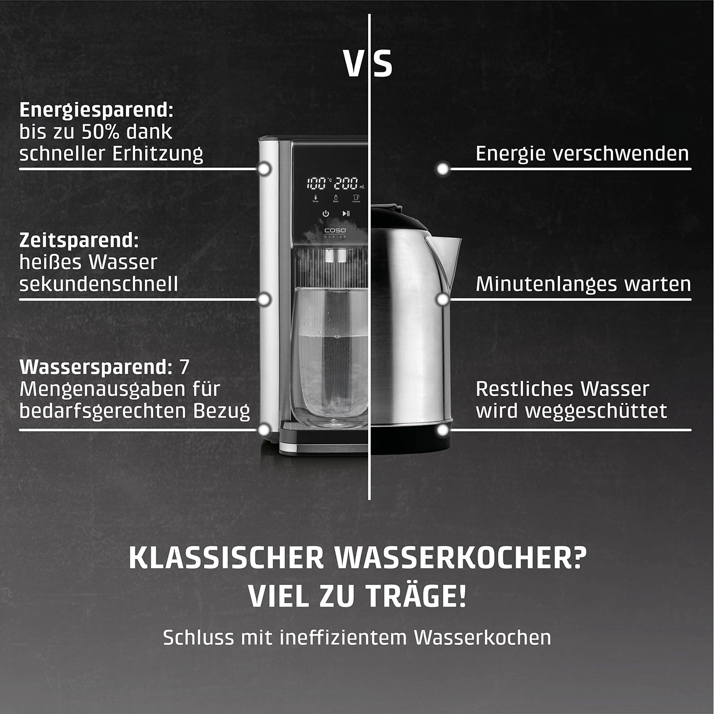 Comparison between a modern water dispenser and a classic kettle, saving energy and time.