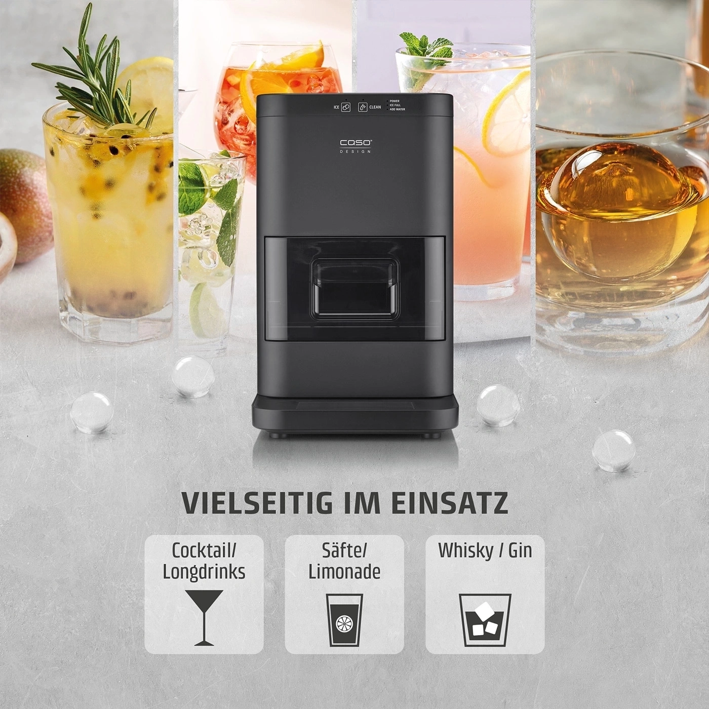 Eiswürfelmaschine für Cocktails, Säfte und Whisky mit stilvollen Getränken.