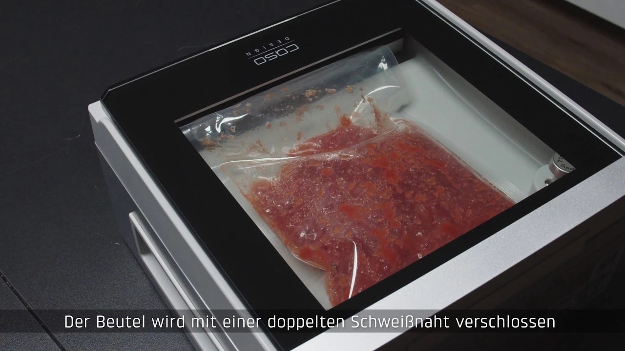 Vacuum sealer with bag sealed with a double seam, food preservation.