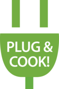 Grüner Stecker mit Text 'PLUG & COOK!'