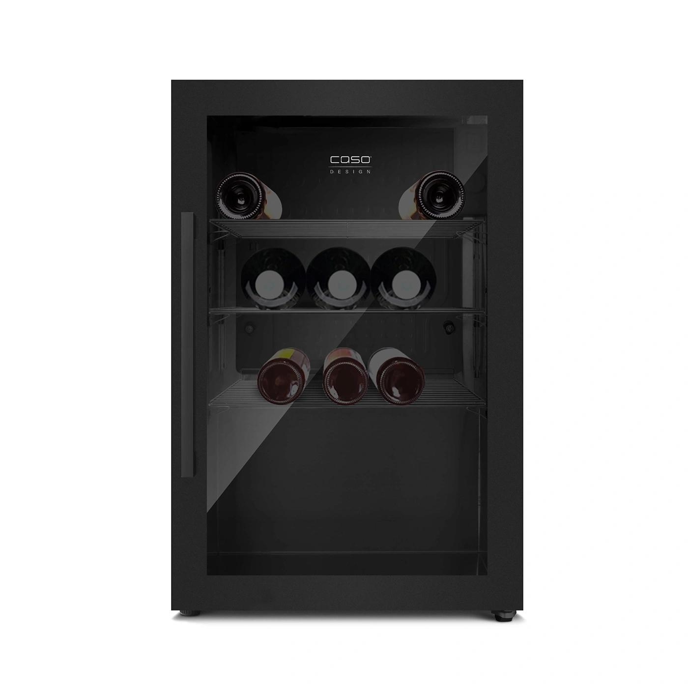 Schwarzer Weinkühlschrank mit Glasfront und Weinflaschen im Inneren.