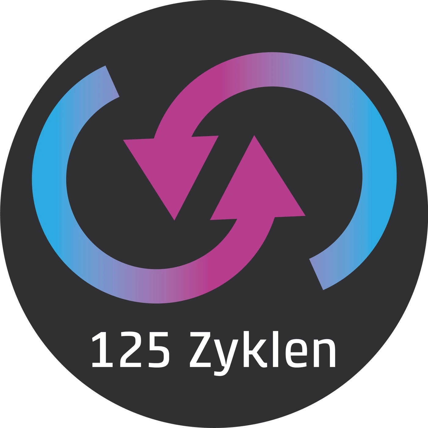 Logo circulaire avec des flèches et du texte : 125 cycles sur fond sombre