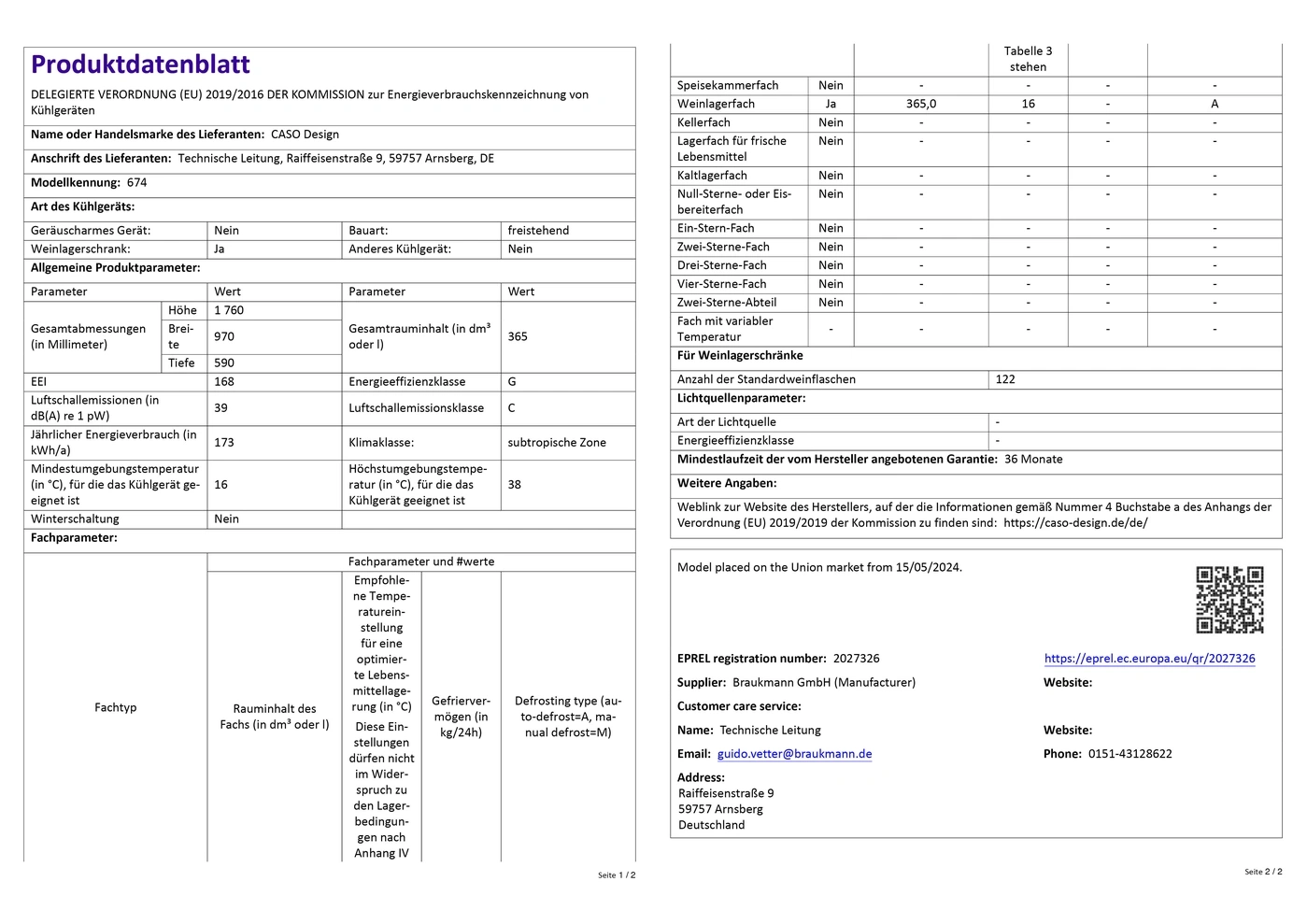 Produktdatenblatt Kühlschrank: Energieeffizienz, Abmessungen, Weinlagerfach, technische Details.