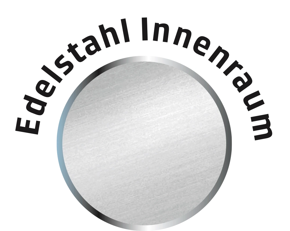 Edelstahl Innenraum, kreisförmiges Logo, Metalloptik, Textbogen, schwarz