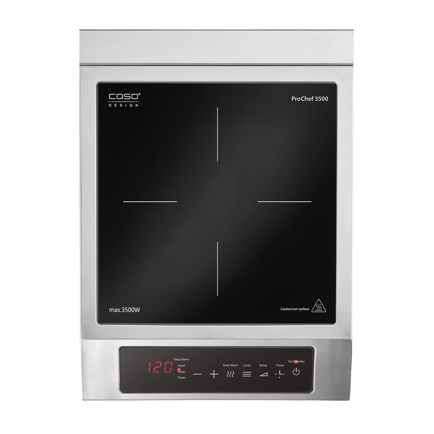 A modern induction cooktop with a digital display and control buttons.