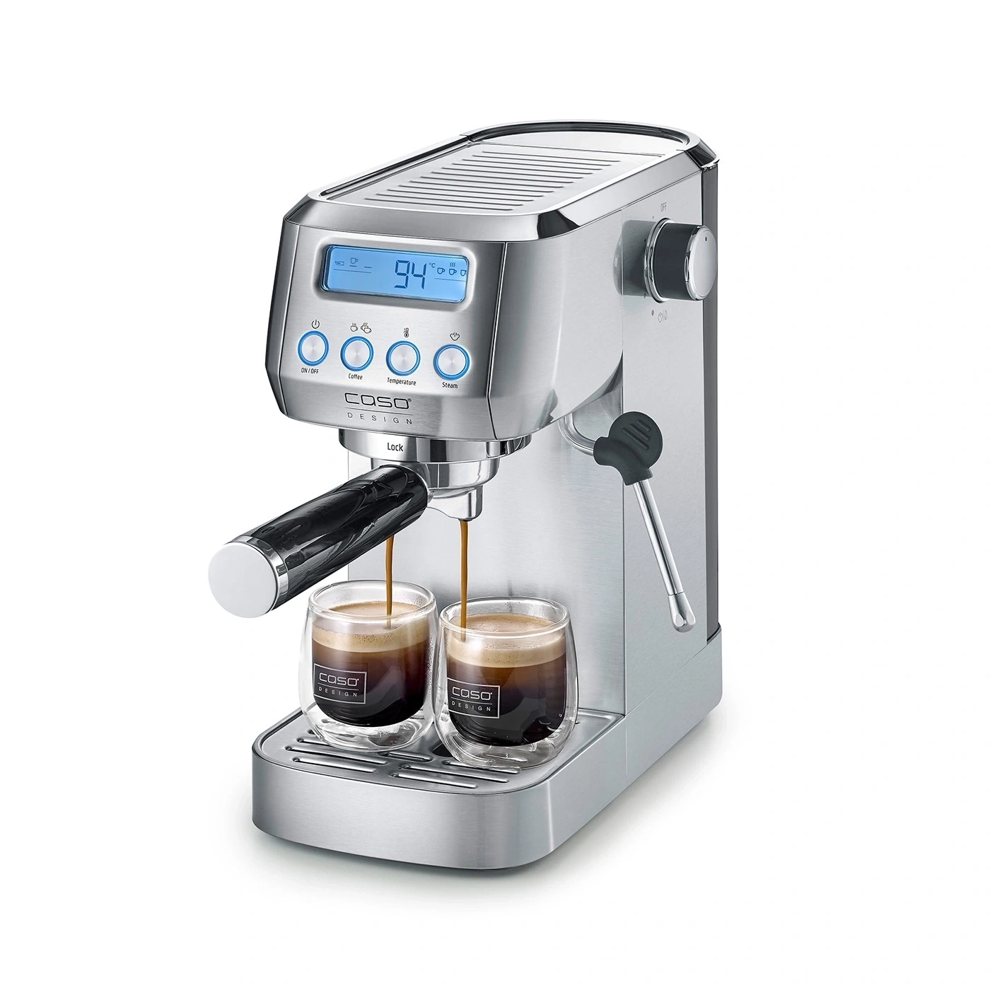 A silver espresso machine with two glasses of espresso