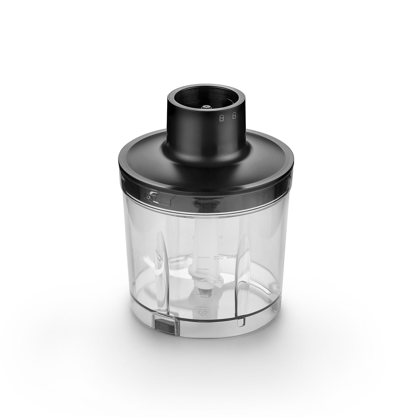 Schwarzer Mixer mit transparentem Behälter, isoliert auf weißem Hintergrund