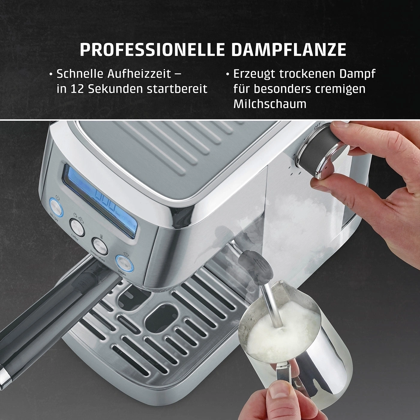 Coffee machine with steam wand and milk pitcher