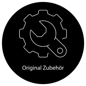 Black circle with tool and gear, original accessories, white outline