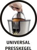 Elektrische Zitruspresse mit Text UNIVERSAL PRESSKEGEL im Kreis