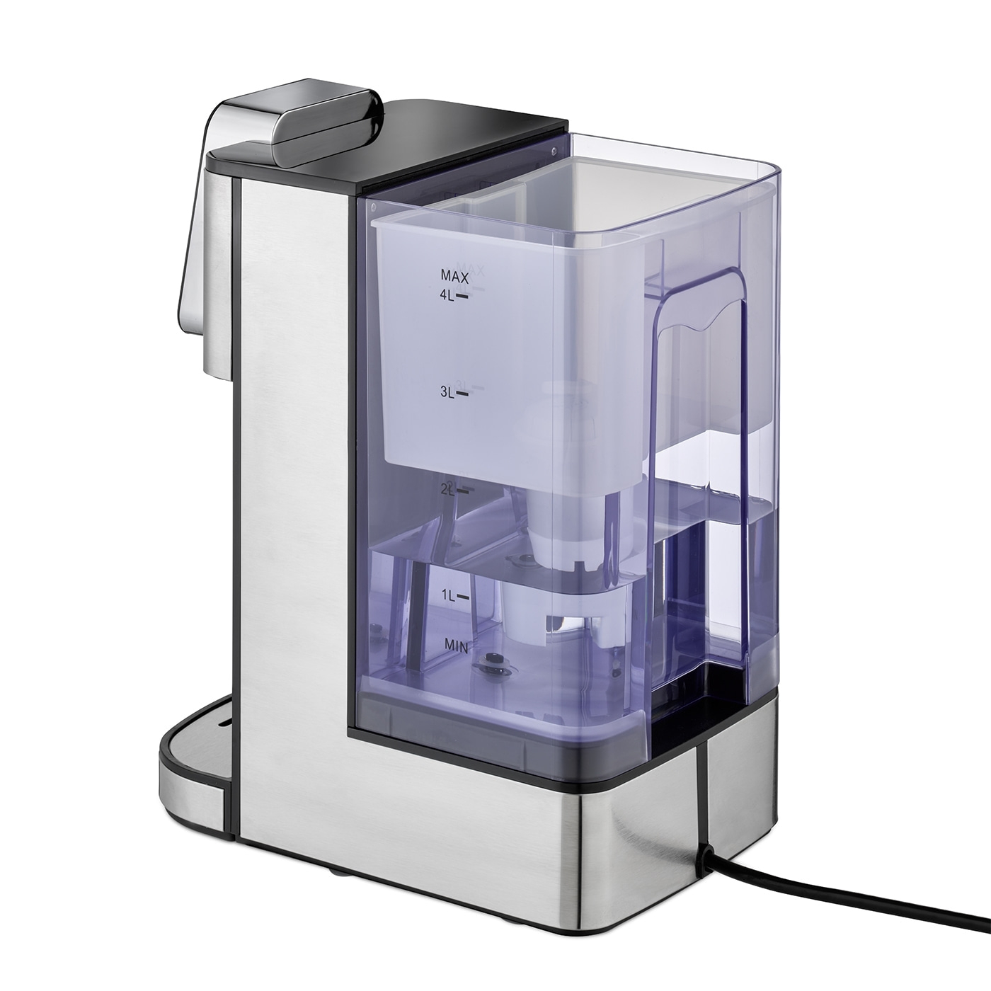 Water boiler with transparent water tank and scale, stainless steel body, black cable