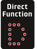 Direct Function logo, black background, red dots, white text, rounded corners, design