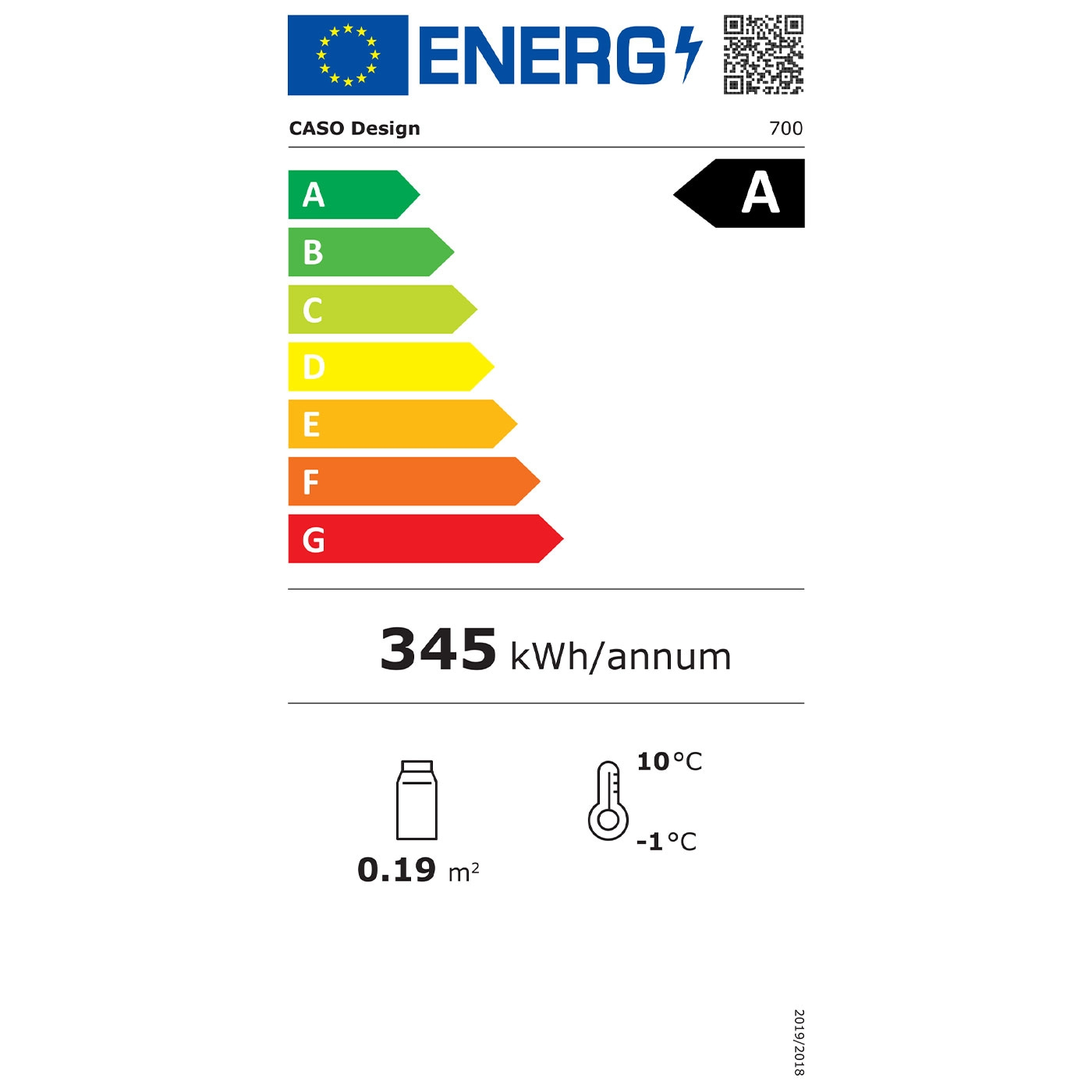 Étiquette énergétique avec classe A, 345 kWh/an, 0,19 m².
