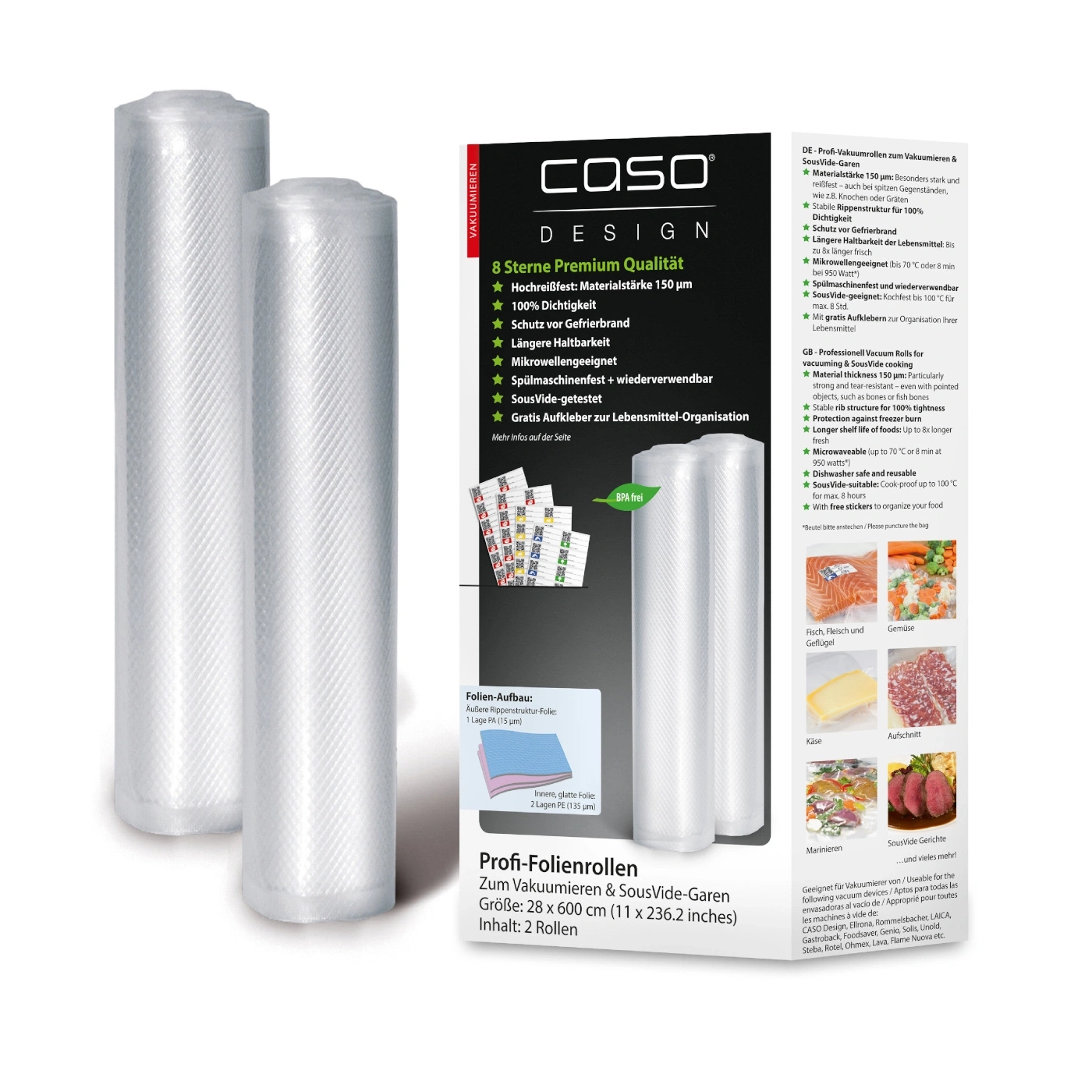 Vacuum rolls for vacuuming and SousVide cooking, 2 rolls, 28x600cm, 150µm material thickness