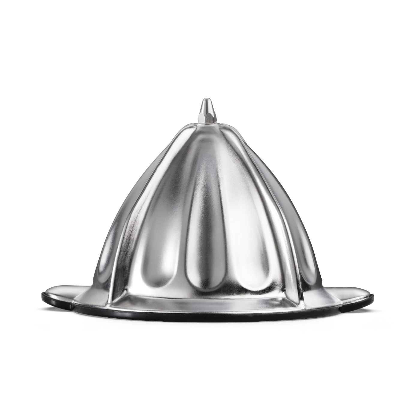 Silberner Zitronenpressen-Aufsatz, glänzend, mit schwarzem Rand und Spitze.