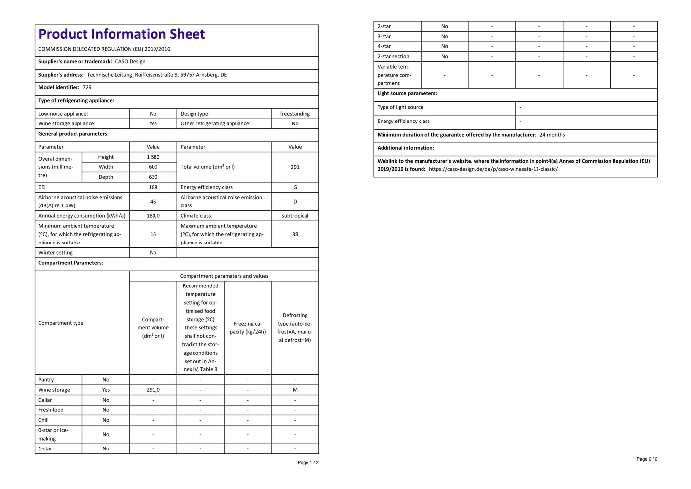 Product data sheet refrigerator: energy efficiency, dimensions, wine storage, climate class, warranty.