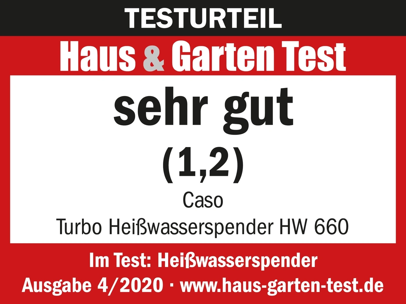 Testurteil Haus & Garten Test sehr gut (1,2) Caso Turbo Heißwasserspender HW 660