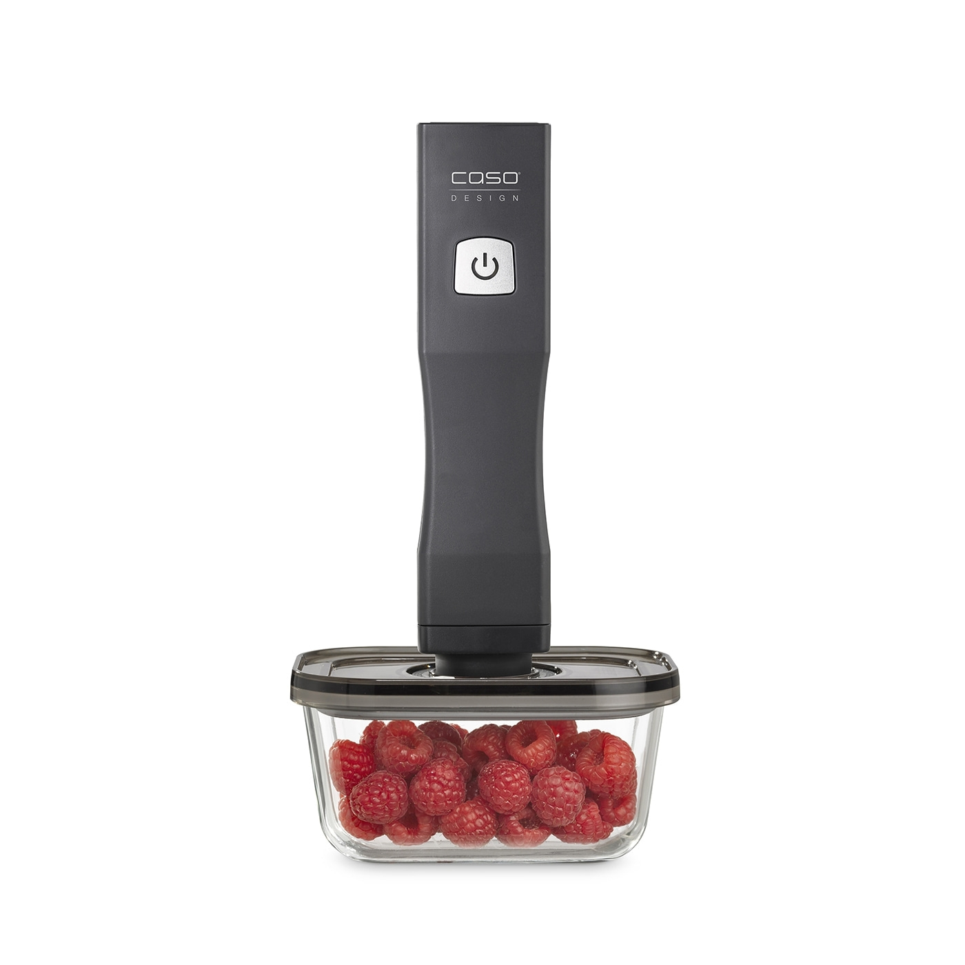 Vakuumiergerät mit Himbeeren in einem Glasbehälter, Caso Design.
