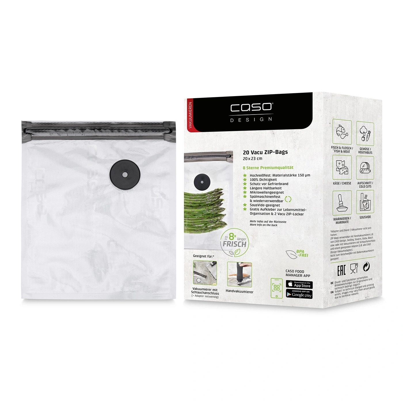 Emballage de sacs sous vide avec légumes, poisson, fromage et informations sur l'application.