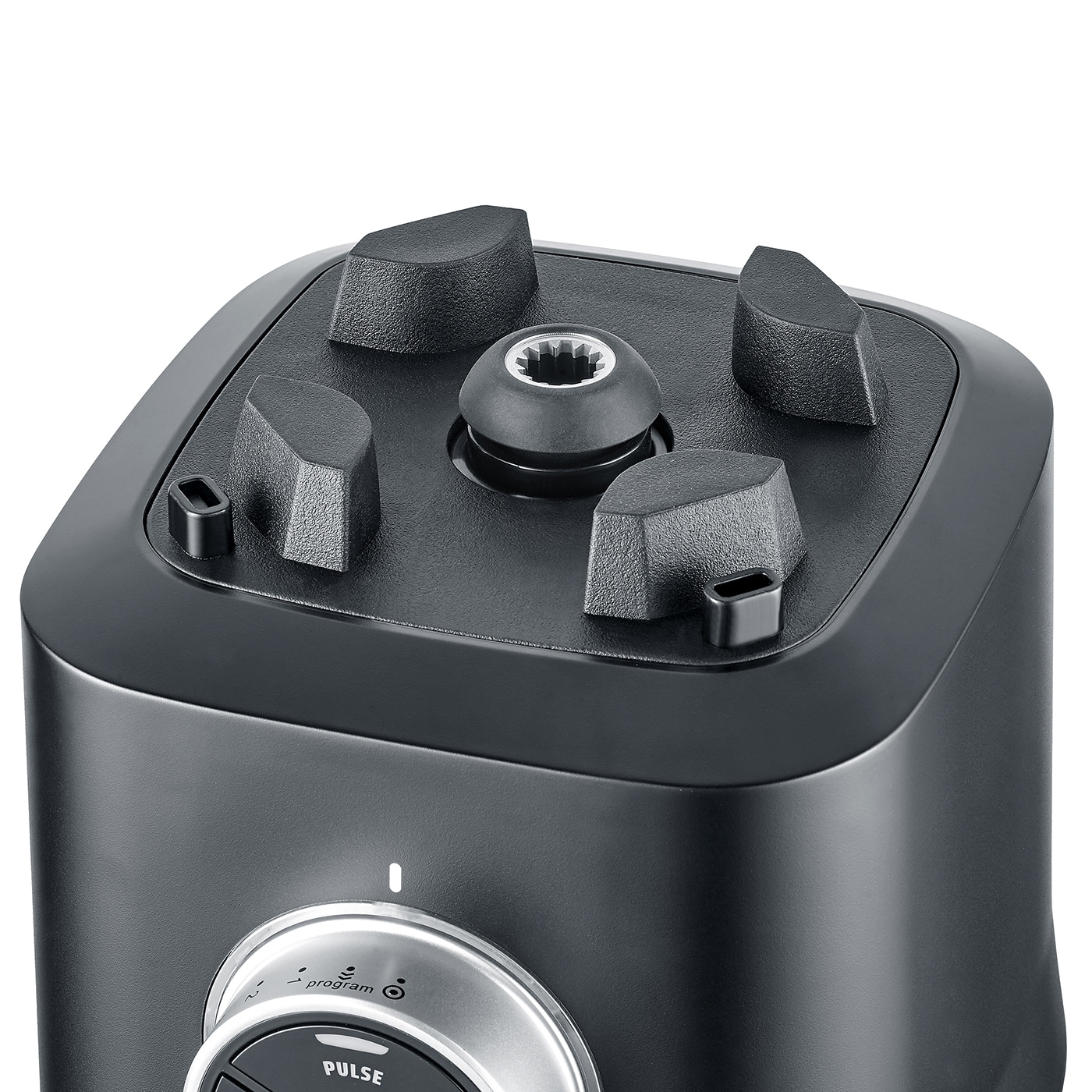 Schwarzer Mixer mit Knöpfen und Bedienelementen für verschiedene Funktionen.