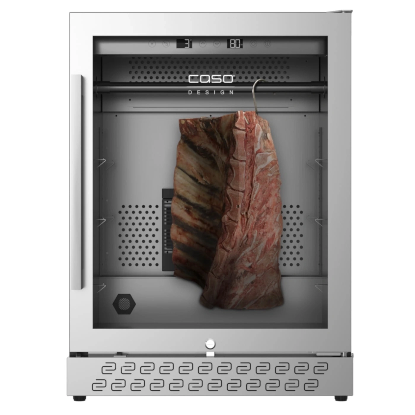 Fleischreifeschrank mit Fleisch. Temperaturanzeige und Caso Design.