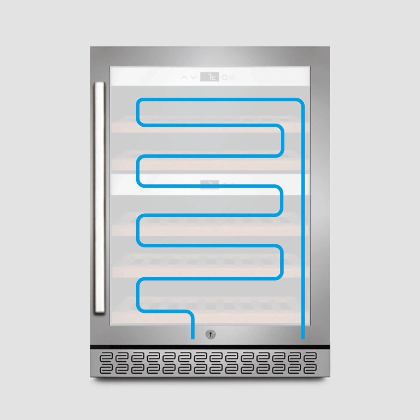 Ein Kühlschrank mit einem blauen Kühlkreislauf auf den Regalen.