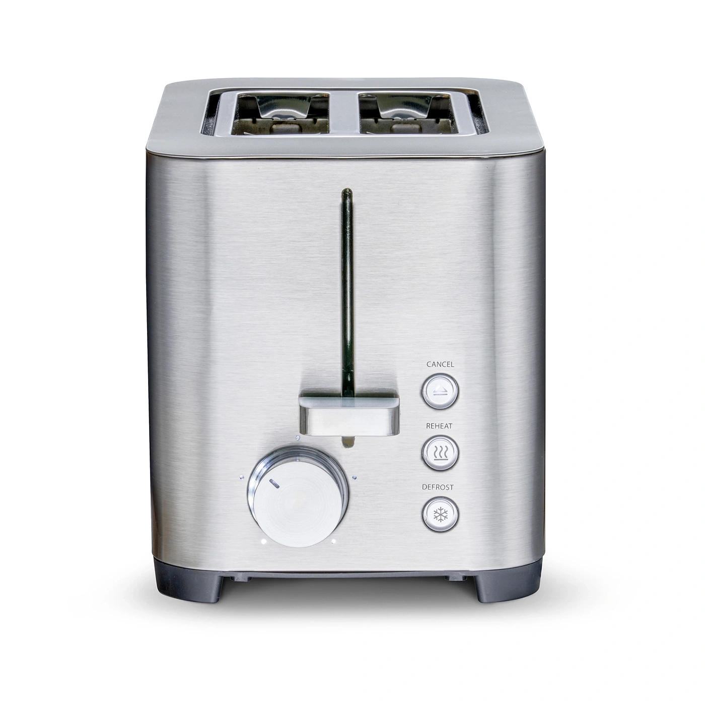 Silberner Toaster mit Knöpfen und einem Drehknopf zum Toasten von Brot.