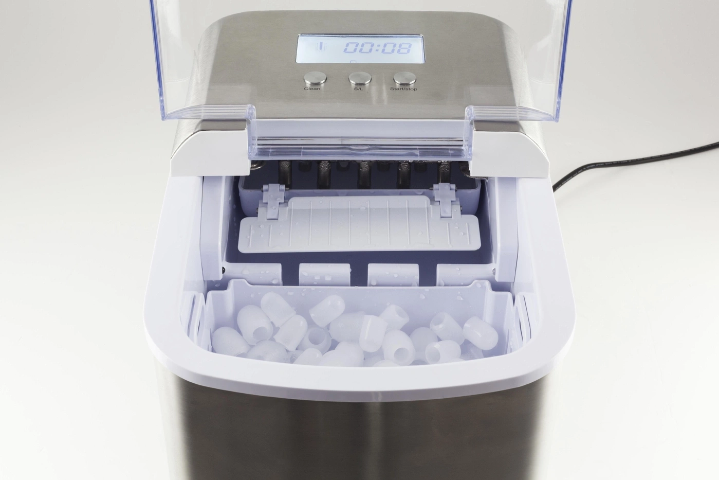 Eismaschine mit Eiswürfeln, Edelstahl, digitaler Anzeige und Bedienknöpfen